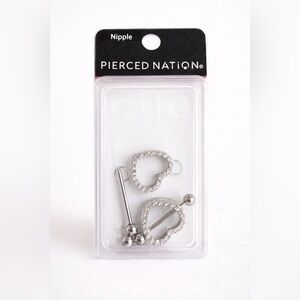 Pierced Nation Silver Heart Crystal Nipple Barbell Set NWT